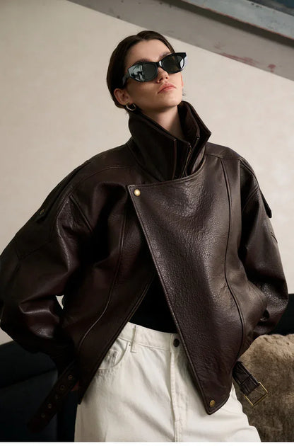 Women Loose Fit Leather Jacket Oversized Bomber Moto