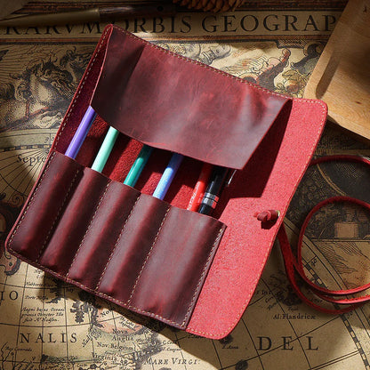 Retro cowhide roll up leather pencil case