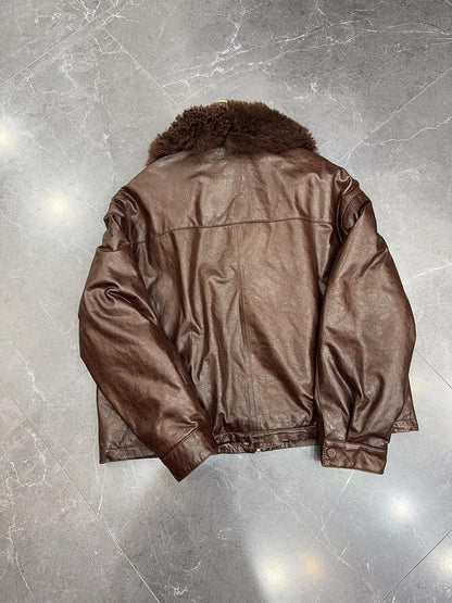 Women waxed leather aviator fur down jacket