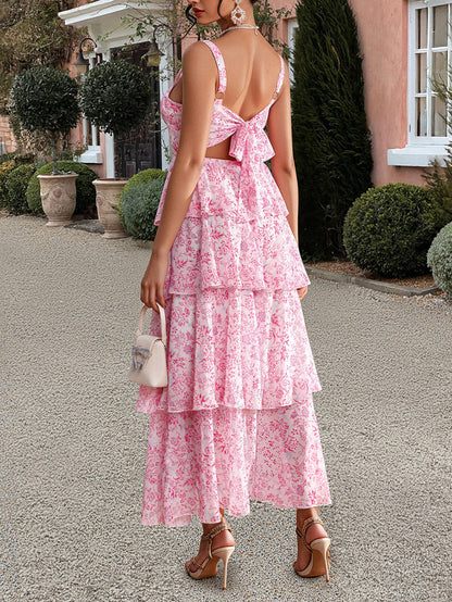 Tiered Chiffon Maxi Dress Pink Floral Ruffle