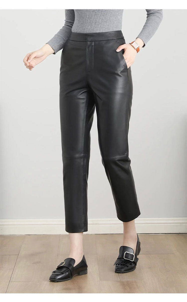 Women’s High Waisted Black Cropped Leather Pants