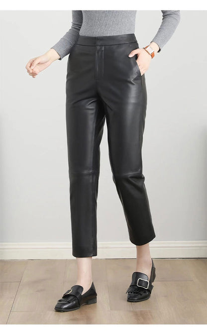 Women’s High Waisted Black Cropped Leather Pants