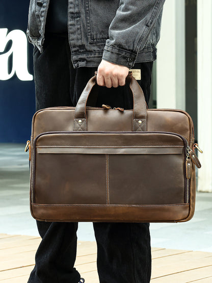 Genuine Leather Laptop Office Bag Briefcase with Trolley Sleeve