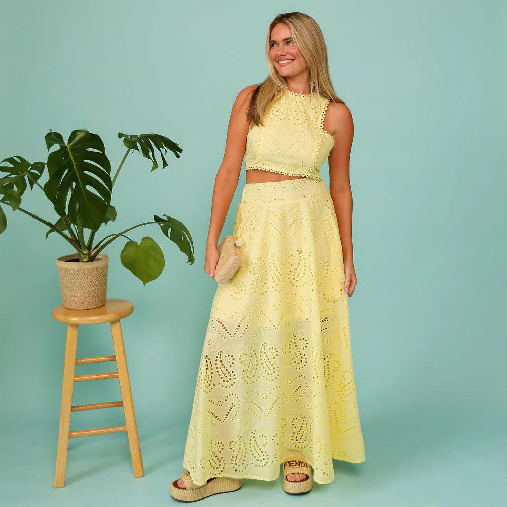 Women’s Lace Embroidered Hollow Two-Piece Midi Skirt Set
