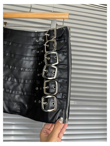 Faux Leather Mini Skirt Punk Motorcycle Bodycon with Metal Belt Straps