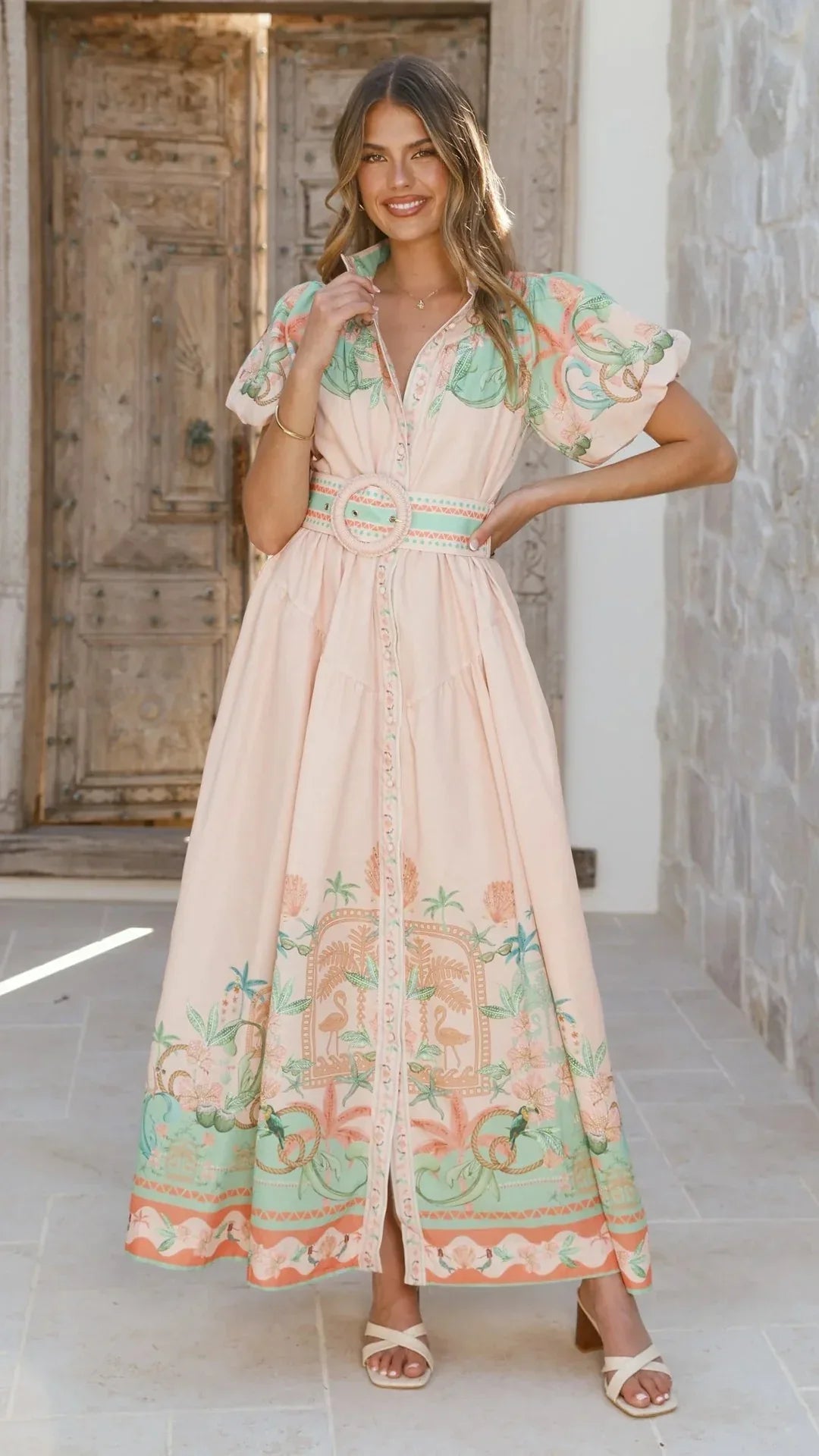 Floral linen belted button front summer maxi