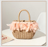 Woven Feather Straw Beach Bag White Fringe
