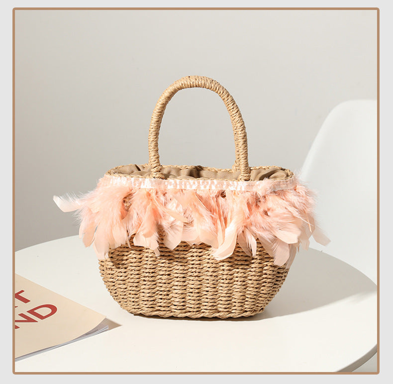Woven Feather Straw Beach Bag White Fringe