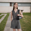 Women Co Ord Two Piece Suit Gray Pinstripe Vest and Shorts