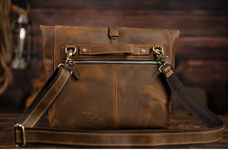 Men’s Crazy Horse Cowhide Leather Motorcycle Messenger Bag