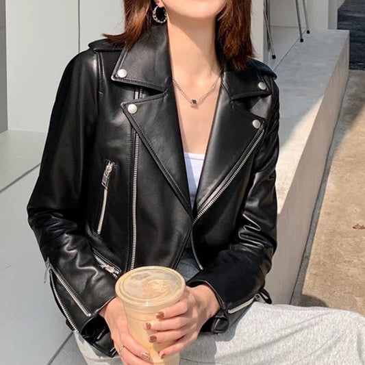 Women’s Genuine Leather Bomber Moto Jacket Black Short Fit
