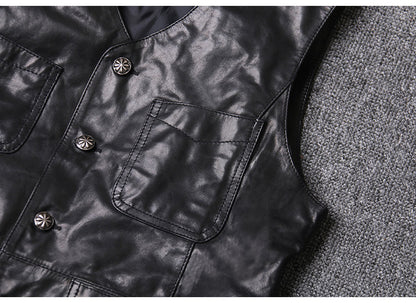 Men Leather Vest Sheepskin Black V-Neck Button Waistcoat