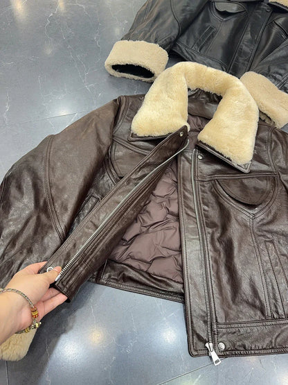 Womens waxed leather down aviator bomber jacket
