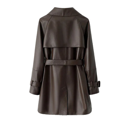 Women genuine leather long trench coat