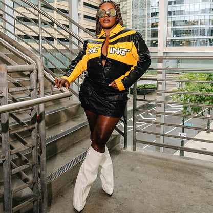 Yellow and Black Faux Leather Biker Jacket Women