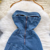 Strapless Denim Mini Bodycon Dress with Pleated Skirt