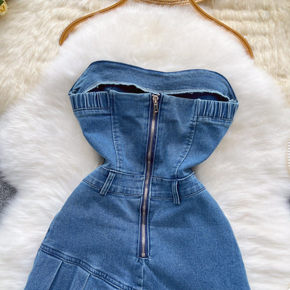 Strapless Denim Mini Bodycon Dress with Pleated Skirt