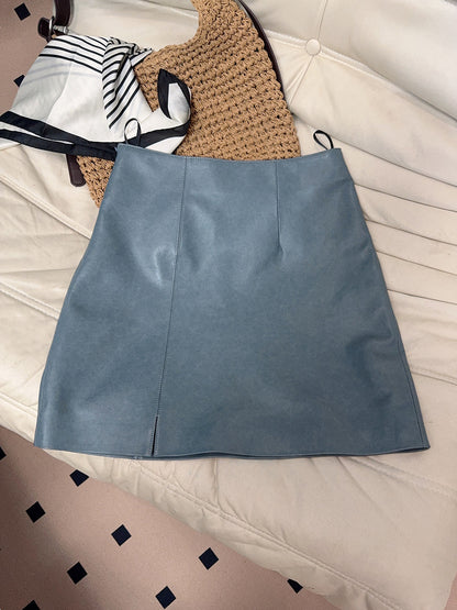 Women Leather Mini Skirt High Waist A-Line with Slit