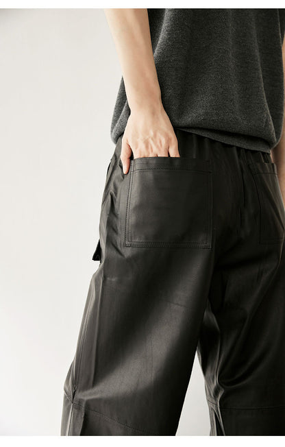 Women Genuine Leather High Waisted Cargo Pants