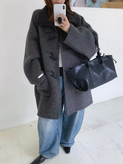 Women’s Alpaca Wool Horn-Button Mid Coat