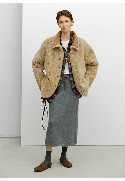 Women Reversible Shearling Wool Coat Winter Fur Jacket