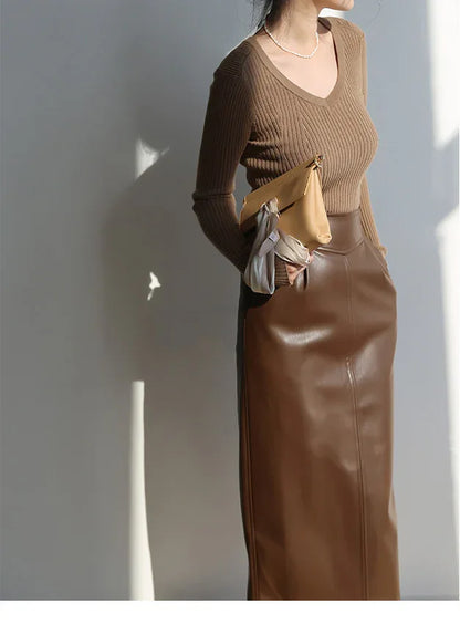 Brown sheepskin mid length bodycon leather skirt with slit