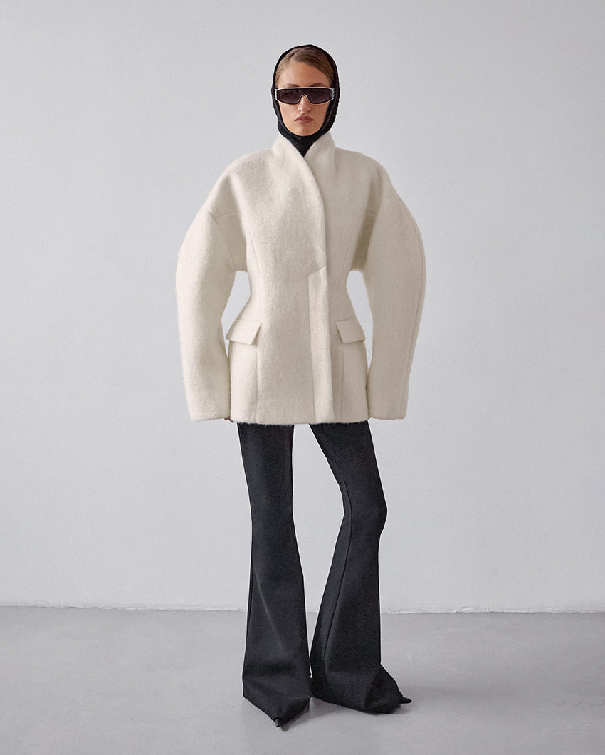Women Thick Woolen Coat with Semi-High Collar