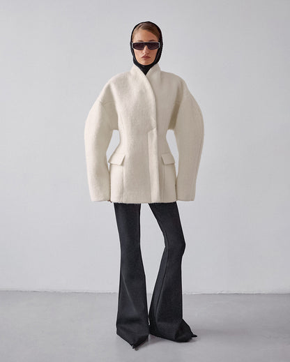 Women Thick Woolen Coat with Semi-High Collar