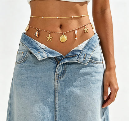 Waist Chain with Starfish Seashell Pearl Beach Charms