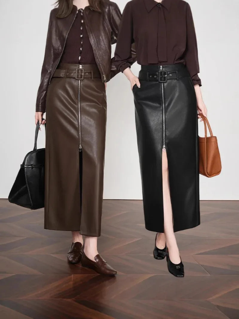 High waist belted zip front leather midi skirt
