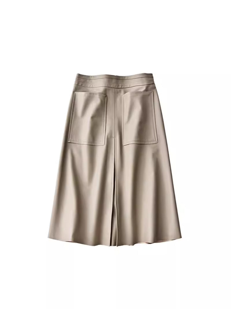 Genuine leather high waist pleated midi skirt