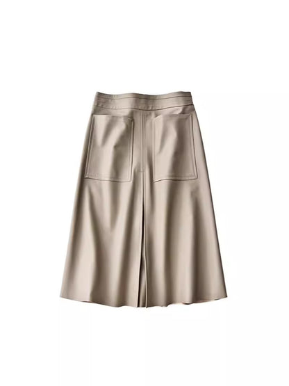 Genuine leather high waist pleated midi skirt