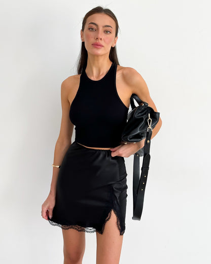 Black Satin Lace Trim Slit Mini Skirt
