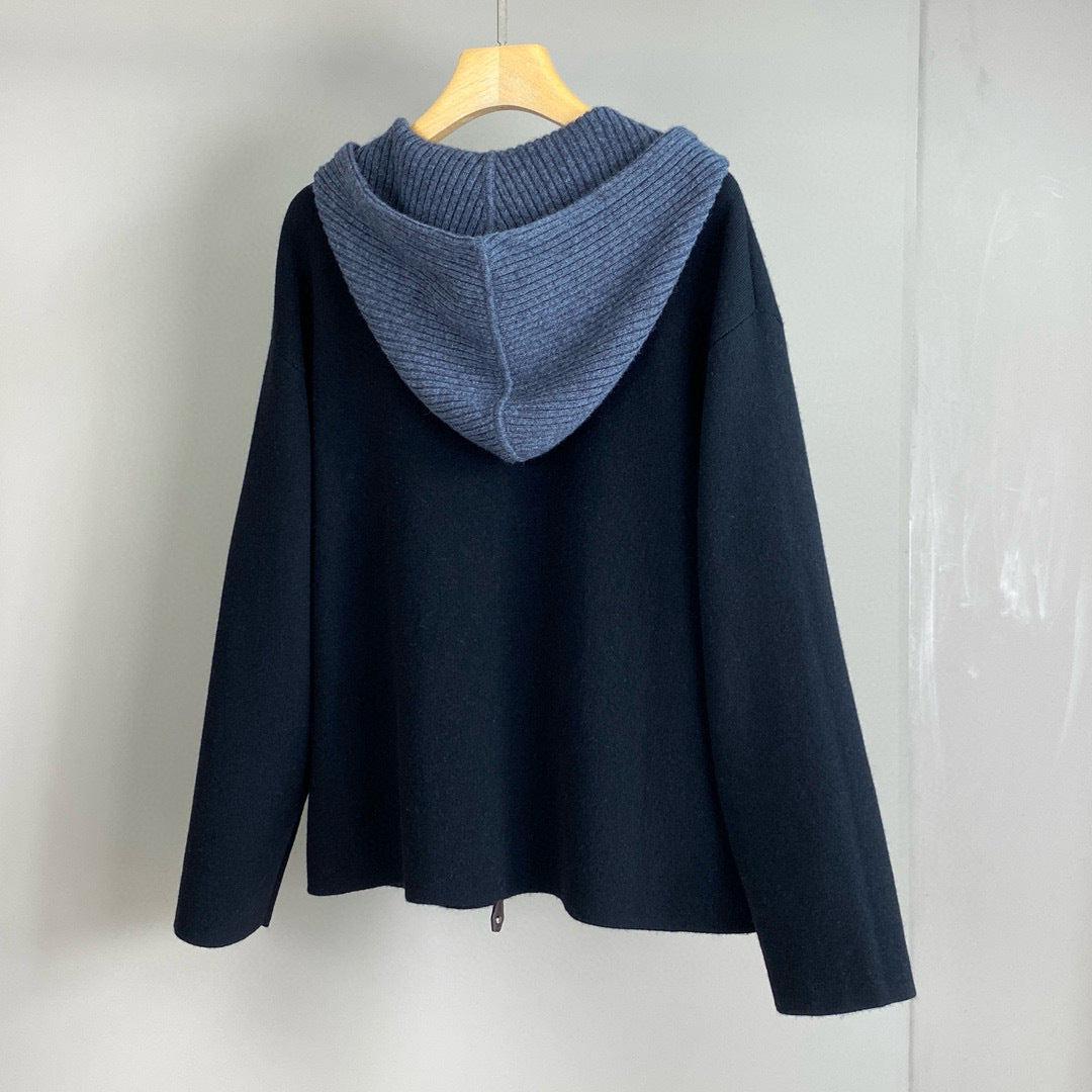 Women Cashmere Wool Hooded Sweater Zip Front Knitted Cardigan