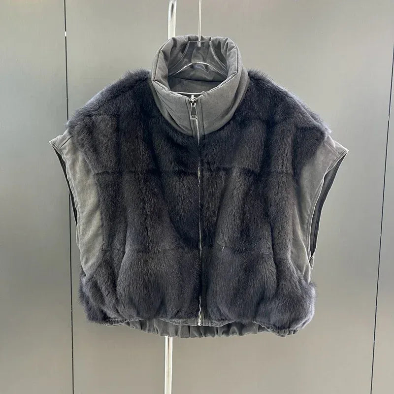 Reversible Mink Fur Down Vest Short Turtleneck