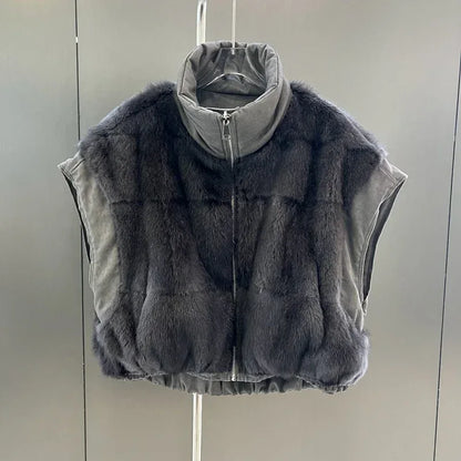 Reversible Mink Fur Down Vest Short Turtleneck