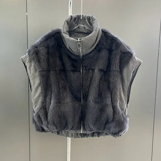 Reversible Mink Fur Down Vest Short Turtleneck