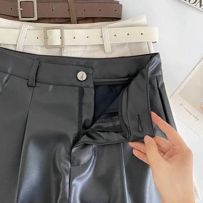 High waist faux leather belted shorts