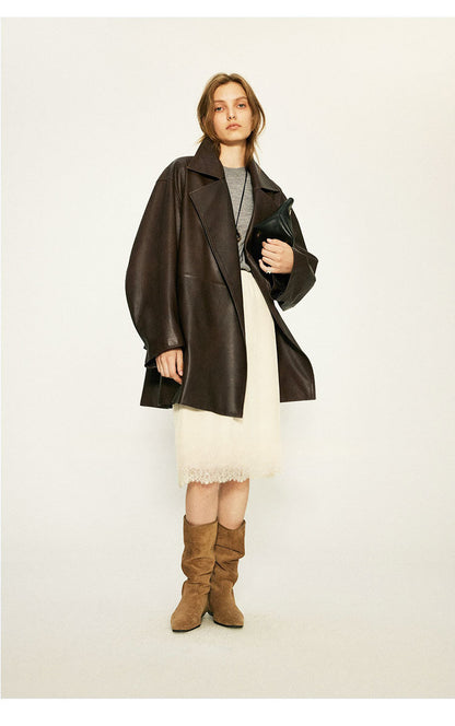Women’s Oversized Leather Bomber Jacket Moto Trench Coat