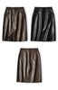 High waisted midi leather skirt with front slit and pockets