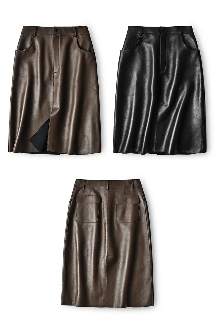 High waisted midi leather skirt with front slit and pockets