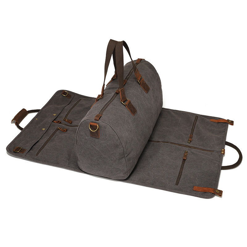 Canvas Garment Bag with Top-Grain Cowhide Leather and Foldable Suit Carrier
