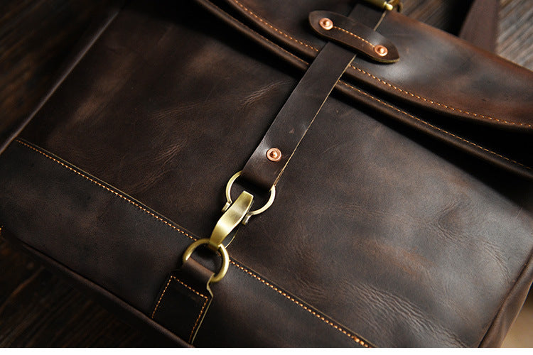 Men’s Crazy Horse Cowhide Leather Motorcycle Messenger Bag