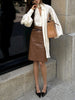 Brown Genuine Leather High Waist Skirt Women’s With Slit