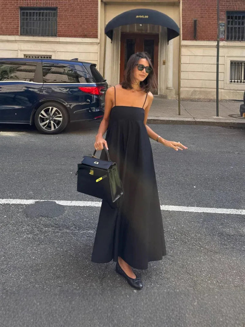 Black spaghetti strap high waist a-line maxi dress for summer wear