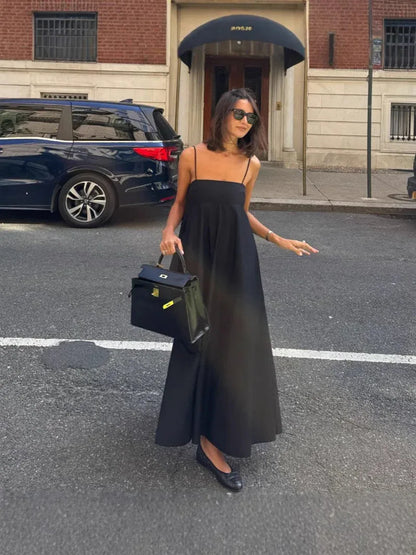 Black spaghetti strap high waist a-line maxi dress for summer wear