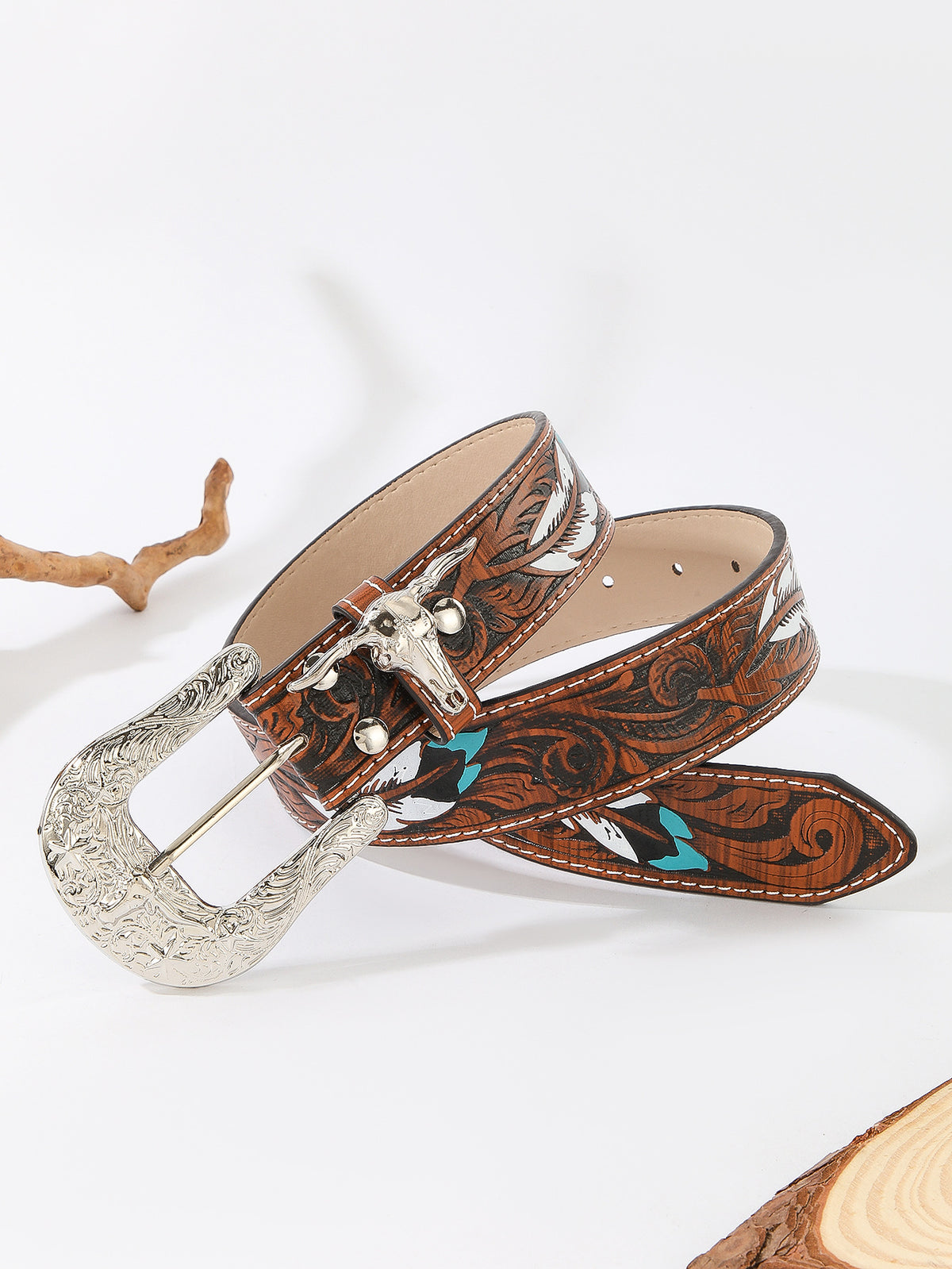 Women’s Western Faux Leather Belt with Ornate Cowgirl Buckle