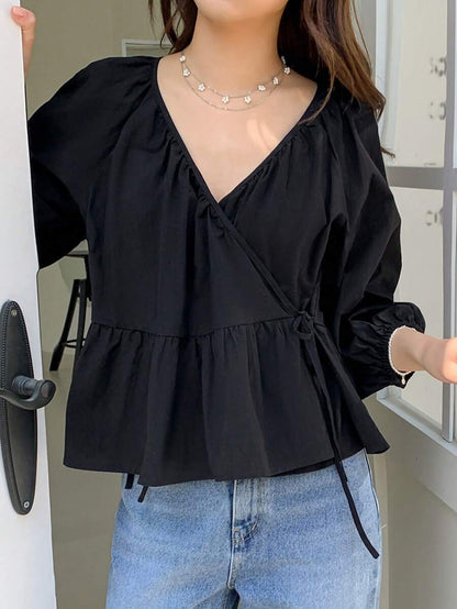 Tie Side Bishop Sleeve Wrap Peplum Blouse Shirt