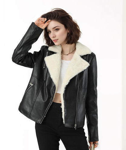 Women Faux Leather Moto Biker Jacket with White Fur Lining