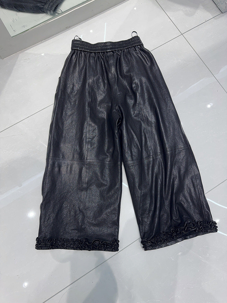 Women Wide Leg Leather Pants High Waisted Nine Point Trousers